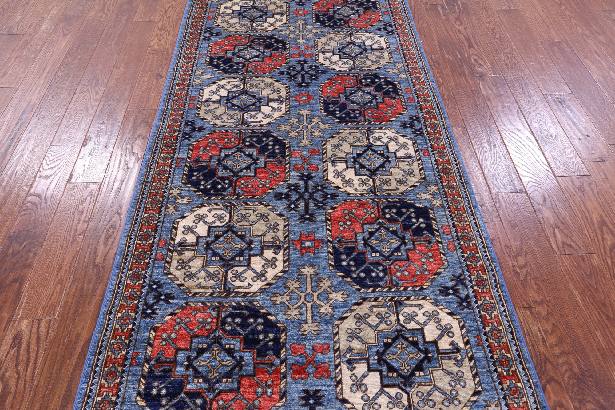 Blue Turkmen Ersari Hand Knotted Wool Runner Rug - 3' 11" X 11' 10" - Golden Nile