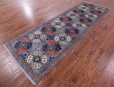 Blue Turkmen Ersari Hand Knotted Wool Runner Rug - 3' 11" X 11' 10" - Golden Nile