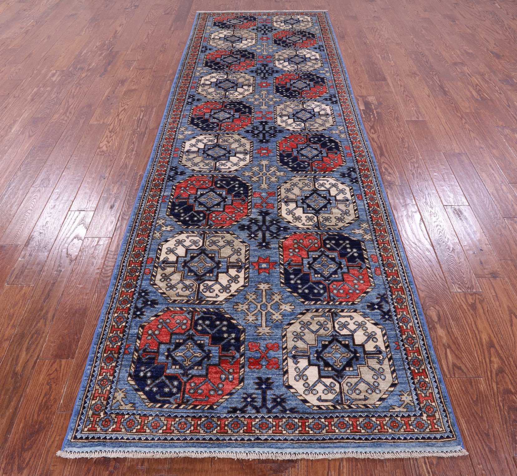 Blue Turkmen Ersari Hand Knotted Wool Runner Rug - 3' 11" X 11' 10" - Golden Nile