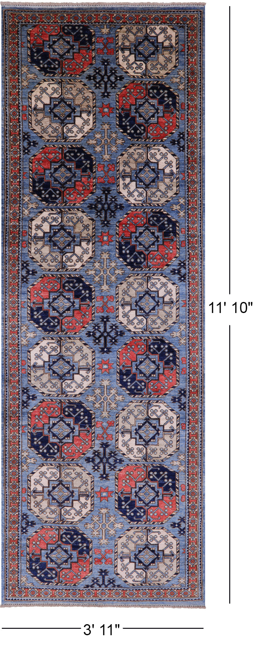 Blue Turkmen Ersari Hand Knotted Wool Runner Rug - 3' 11" X 11' 10" - Golden Nile