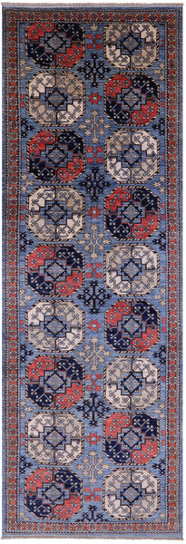 Blue Turkmen Ersari Hand Knotted Wool Runner Rug - 3' 11" X 11' 10" - Golden Nile