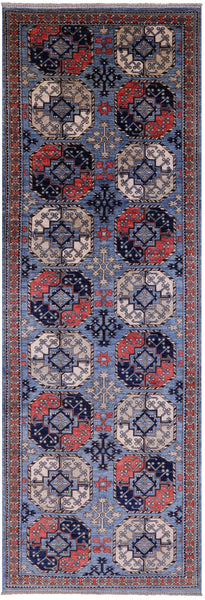 Blue Turkmen Ersari Hand Knotted Wool Runner Rug - 3' 11" X 11' 10" - Golden Nile