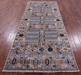 Grey Turkmen Ersari Hand Knotted Wool Rug - 4' 1" X 9' 10" - Golden Nile