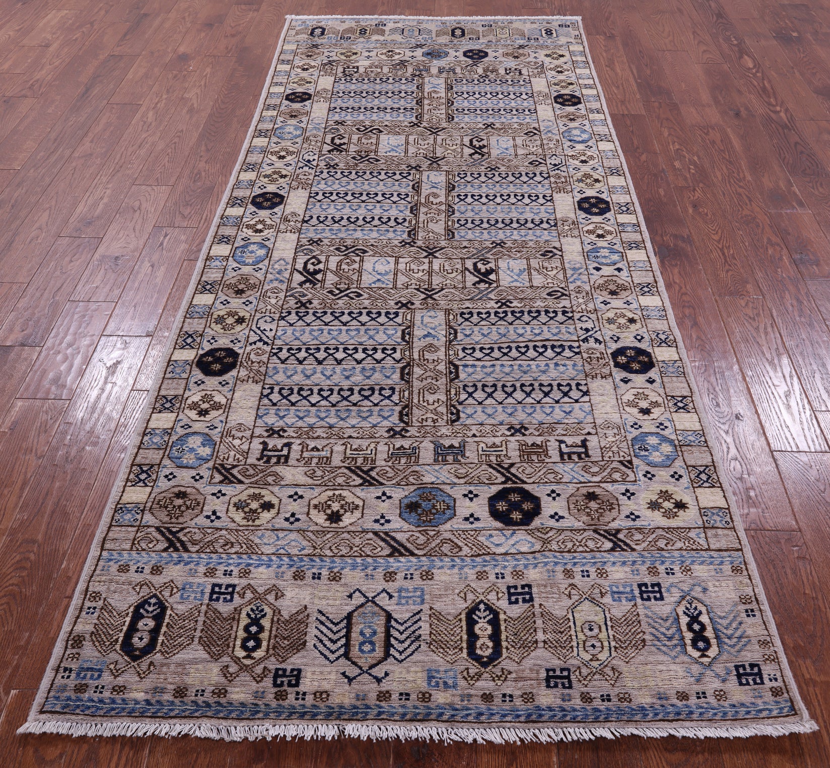 Grey Turkmen Ersari Hand Knotted Wool Rug - 4' 1" X 9' 10" - Golden Nile