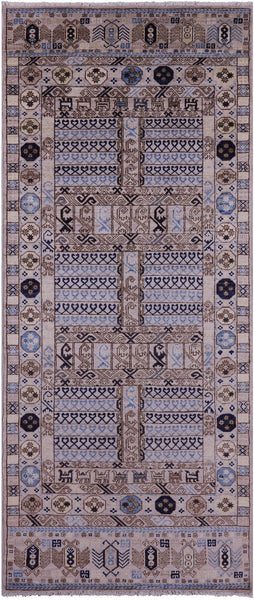 Grey Turkmen Ersari Hand Knotted Wool Rug - 4' 1" X 9' 10" - Golden Nile