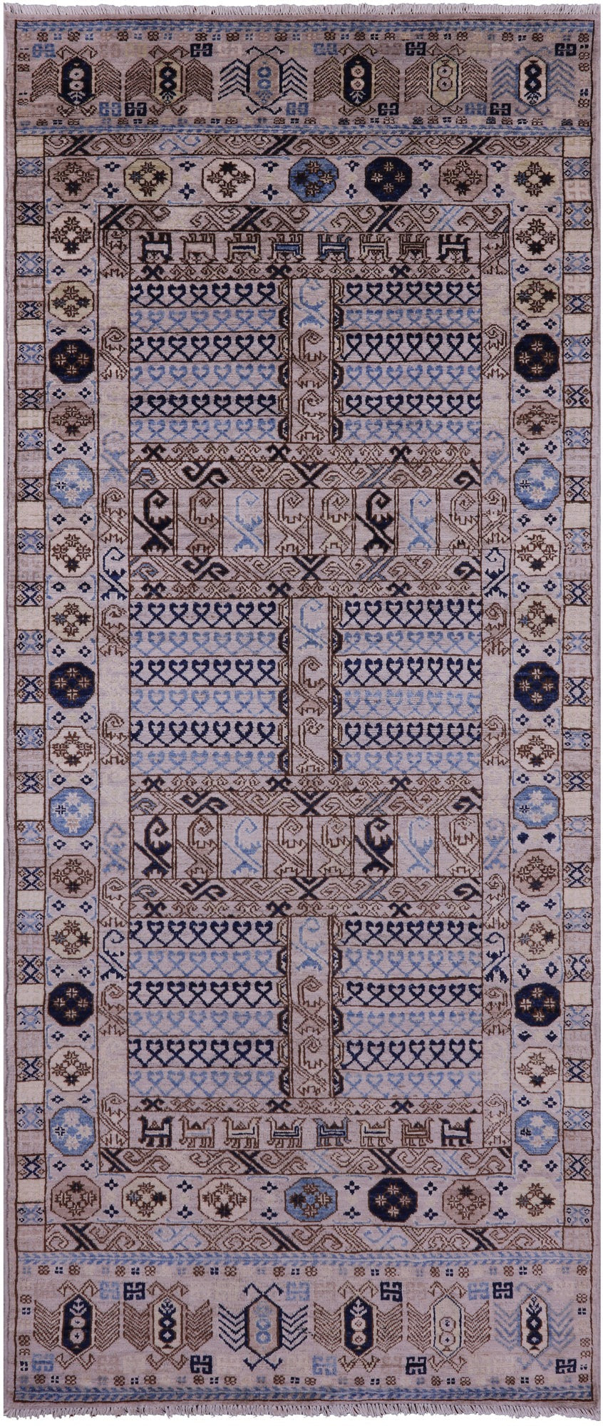 Grey Turkmen Ersari Hand Knotted Wool Rug - 4' 1" X 9' 10" - Golden Nile