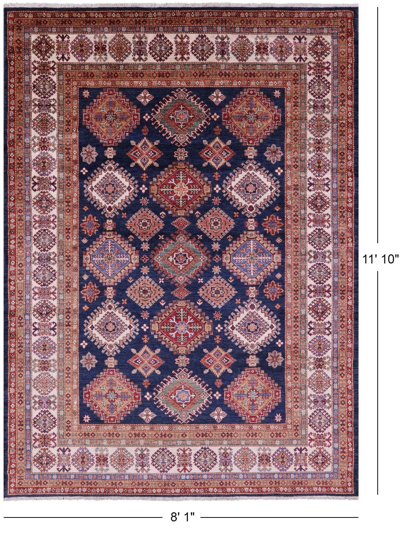 Blue Super Kazak Handmade Wool Rug - 8' 1" X 11' 10" - Golden Nile
