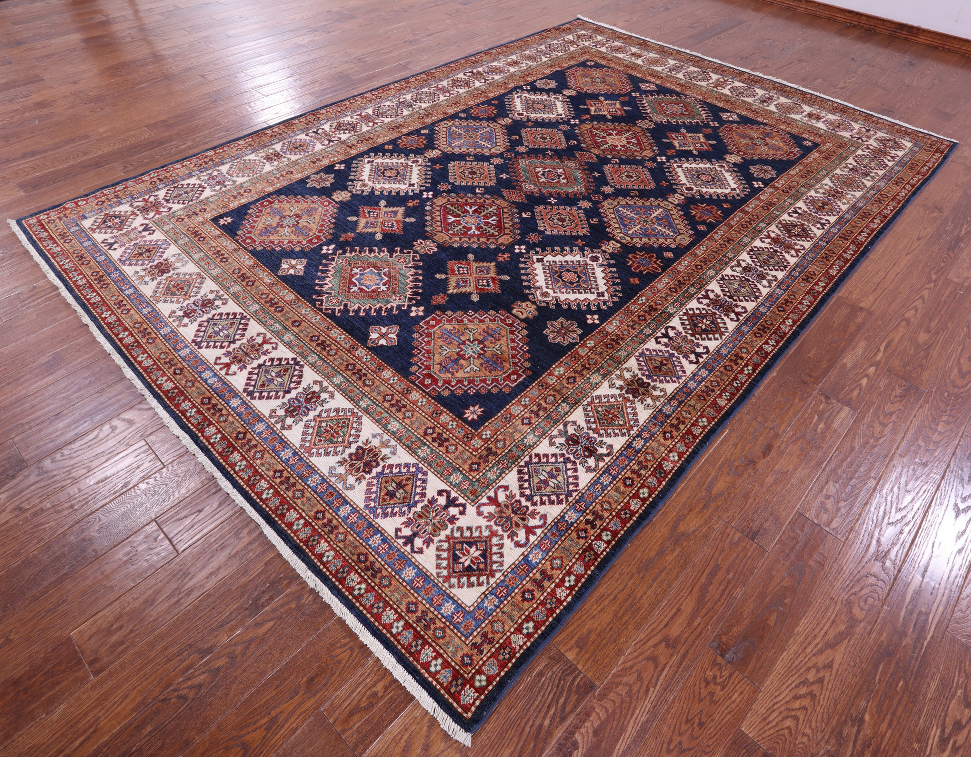 Blue Super Kazak Handmade Wool Rug - 8' 1" X 11' 10" - Golden Nile