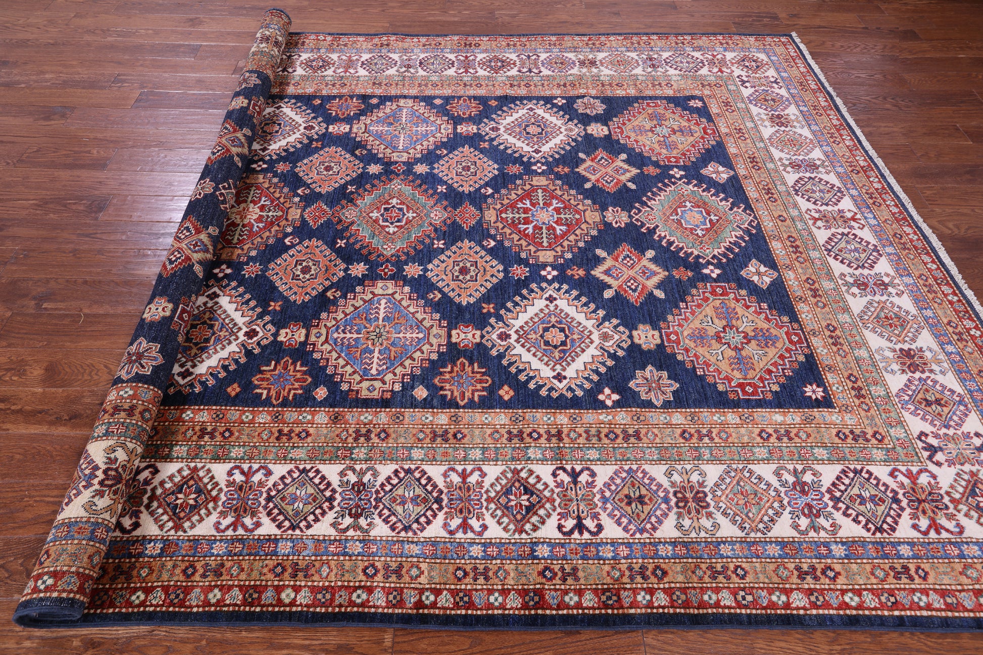 Blue Super Kazak Handmade Wool Rug - 8' 1" X 11' 10" - Golden Nile