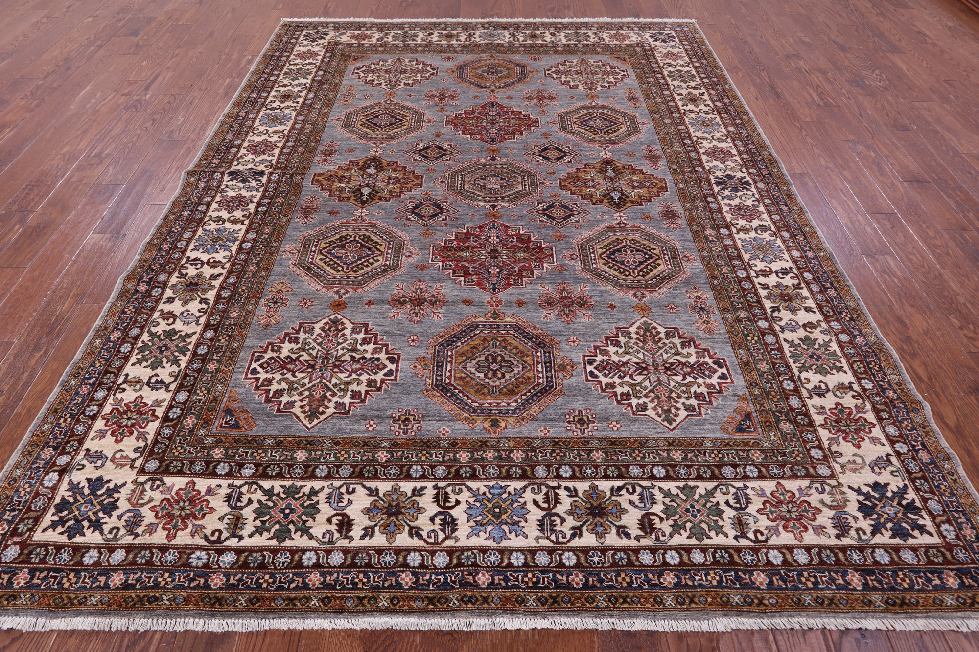 Grey Super Kazak Hand Knotted Wool Rug - 8' 2" X 10' 5" - Golden Nile
