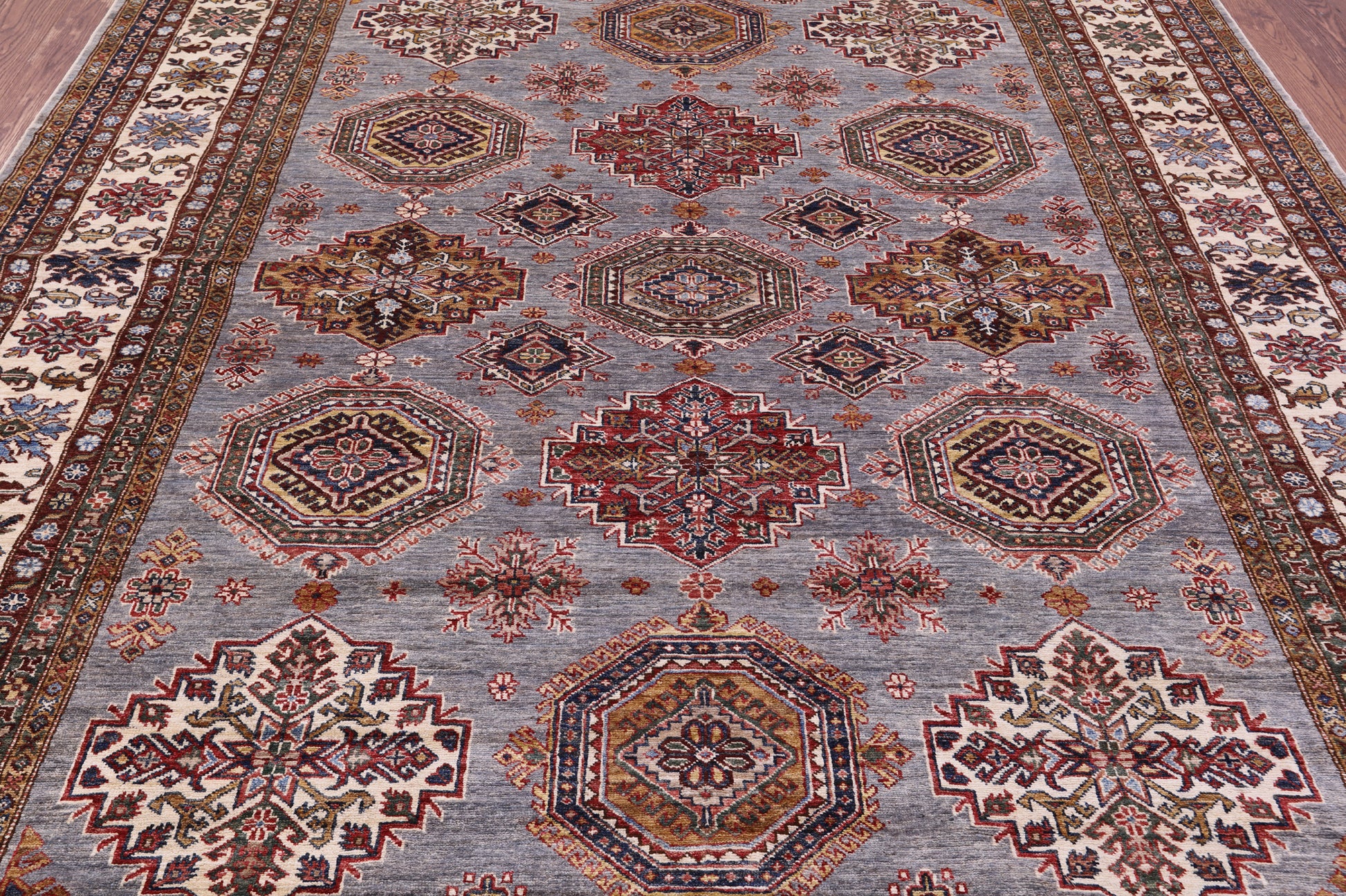 Grey Super Kazak Hand Knotted Wool Rug - 8' 2" X 10' 5" - Golden Nile
