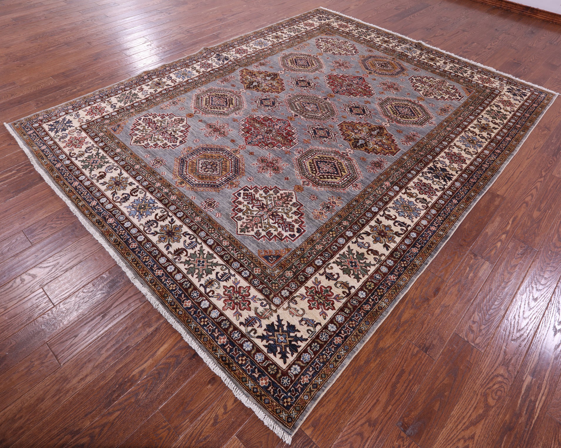 Grey Super Kazak Hand Knotted Wool Rug - 8' 2" X 10' 5" - Golden Nile