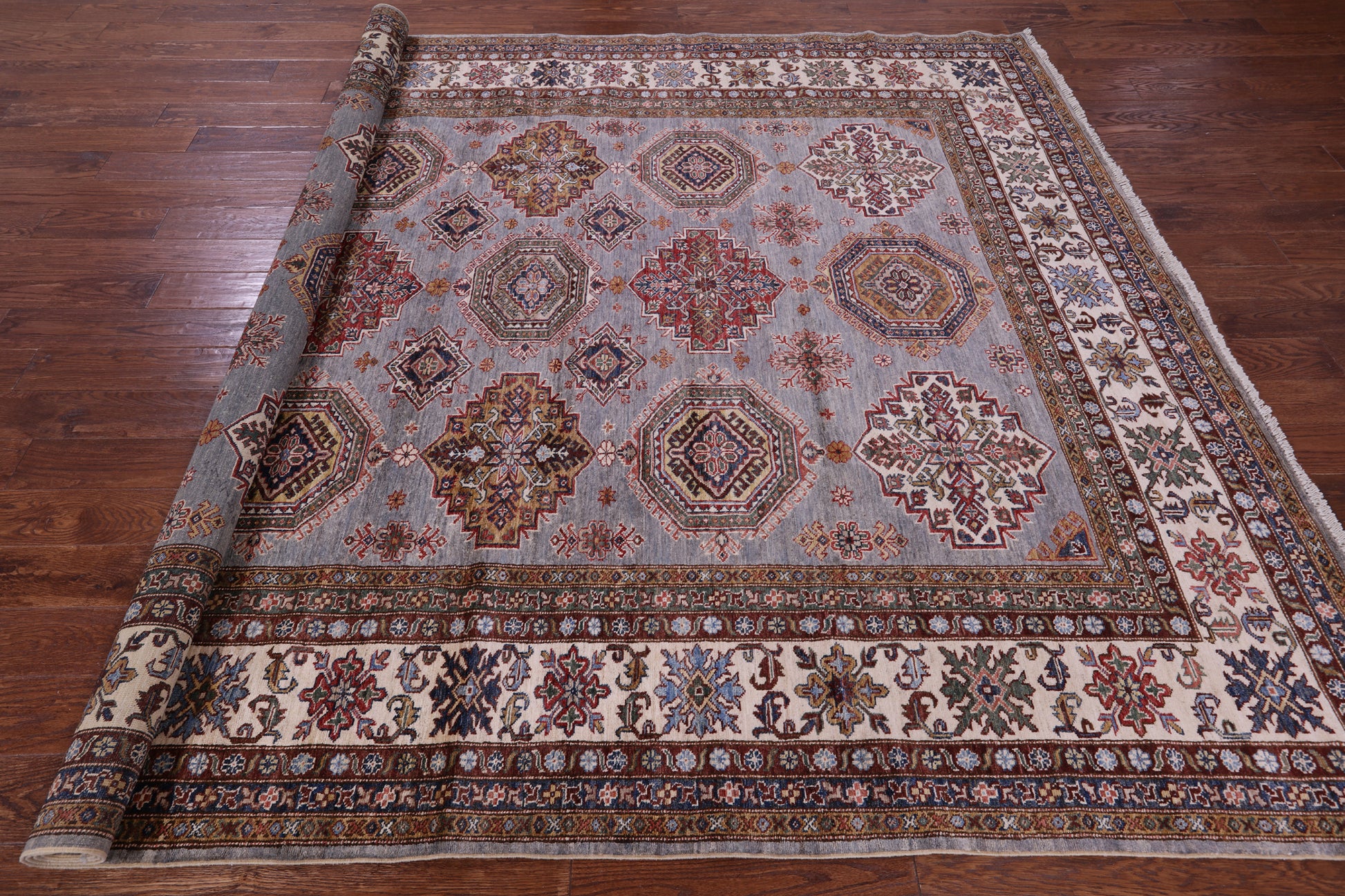 Grey Super Kazak Hand Knotted Wool Rug - 8' 2" X 10' 5" - Golden Nile