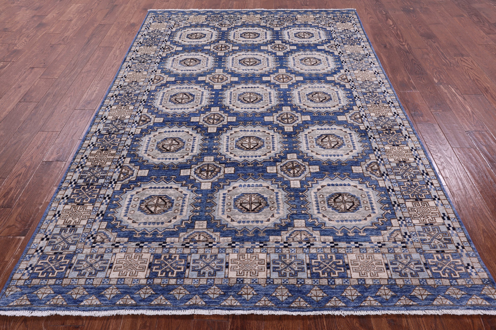 Blue Turkmen Ersari Hand Knotted Wool Rug - 6' 1" X 9' 0" - Golden Nile