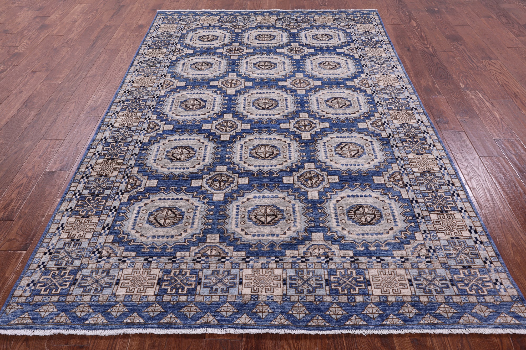 Blue Turkmen Ersari Hand Knotted Wool Rug - 6' 1" X 9' 0" - Golden Nile