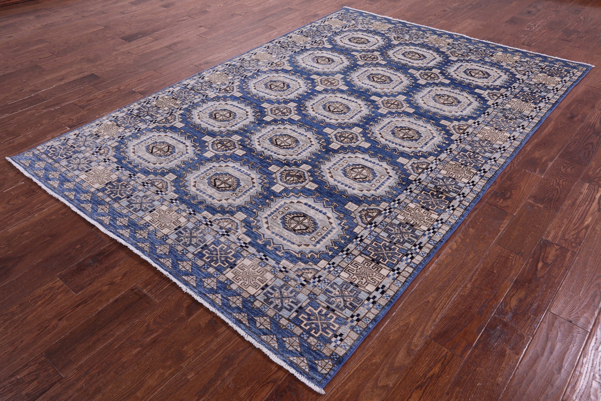 Blue Turkmen Ersari Hand Knotted Wool Rug - 6' 1" X 9' 0" - Golden Nile