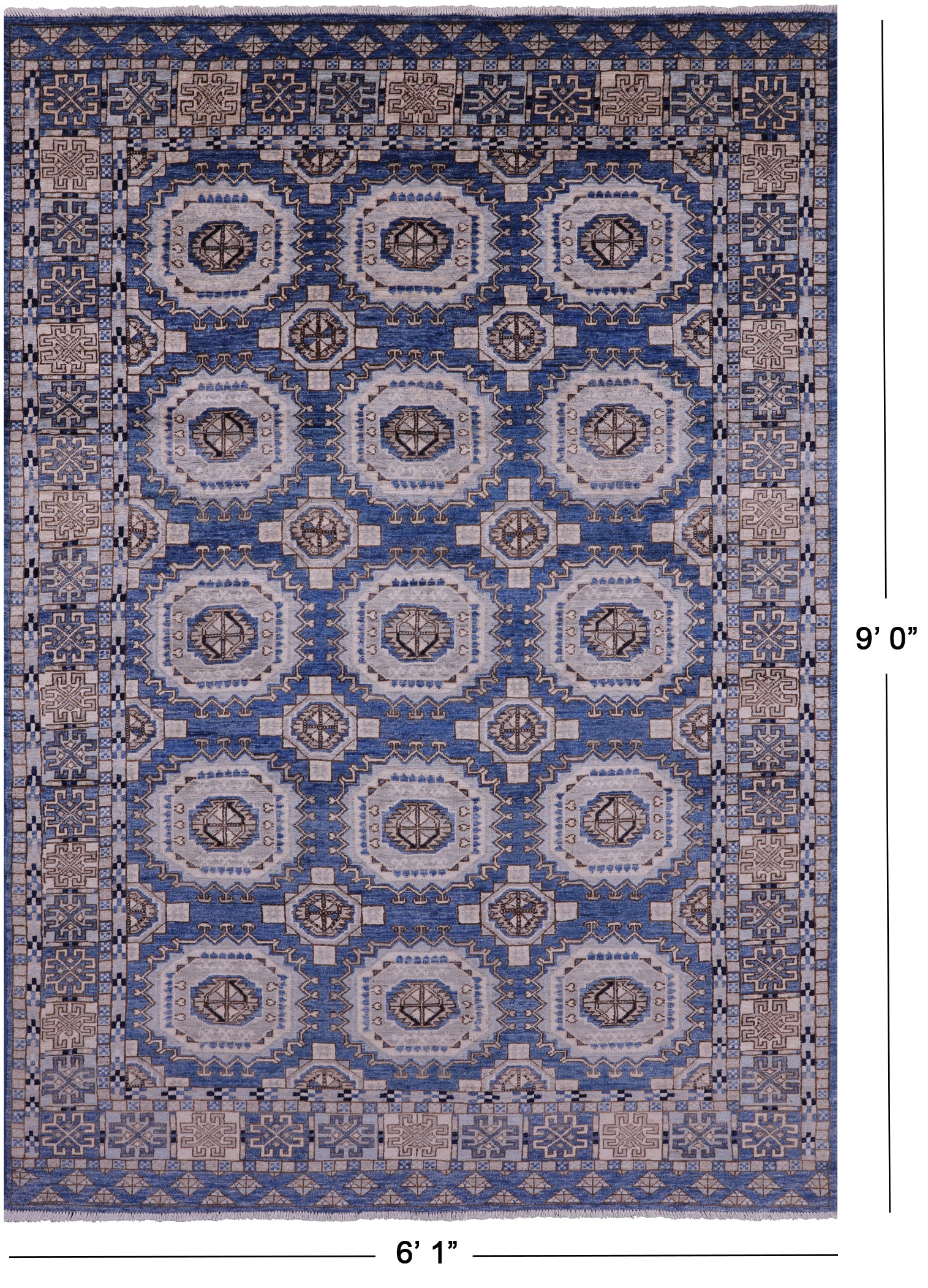 Blue Turkmen Ersari Hand Knotted Wool Rug - 6' 1" X 9' 0" - Golden Nile