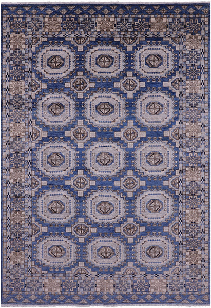 Blue Turkmen Ersari Hand Knotted Wool Rug - 6' 1" X 9' 0" - Golden Nile