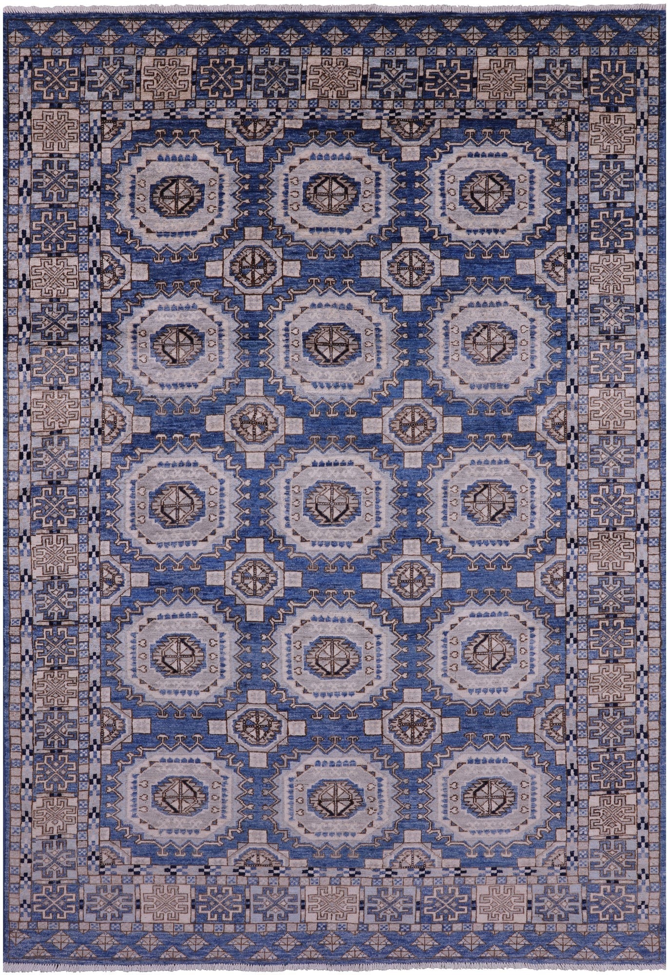 Blue Turkmen Ersari Hand Knotted Wool Rug - 6' 1" X 9' 0" - Golden Nile