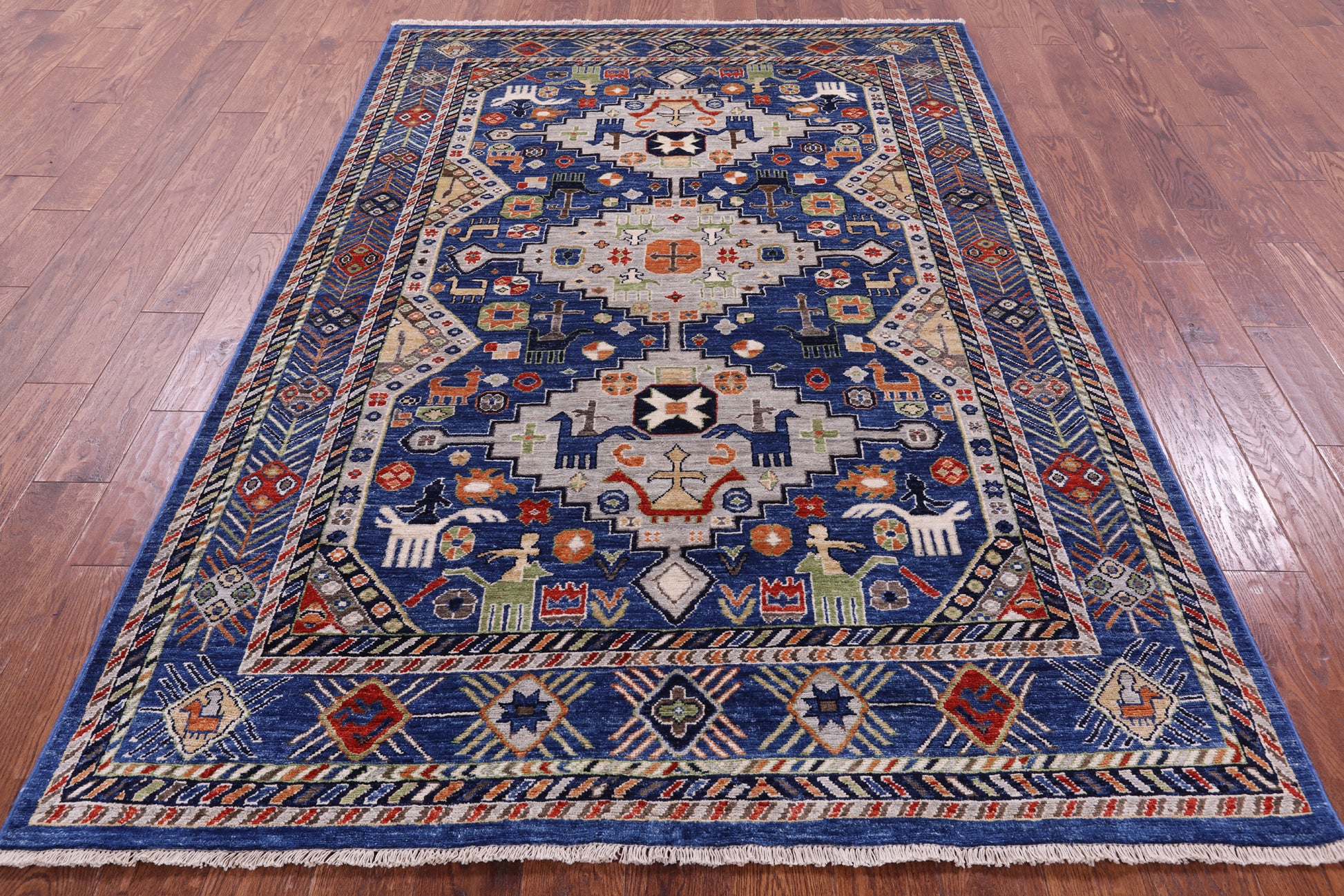 Blue Persian Fine Serapi Hand Knotted Wool Rug - 5' 5" X 8' 0" - Golden Nile