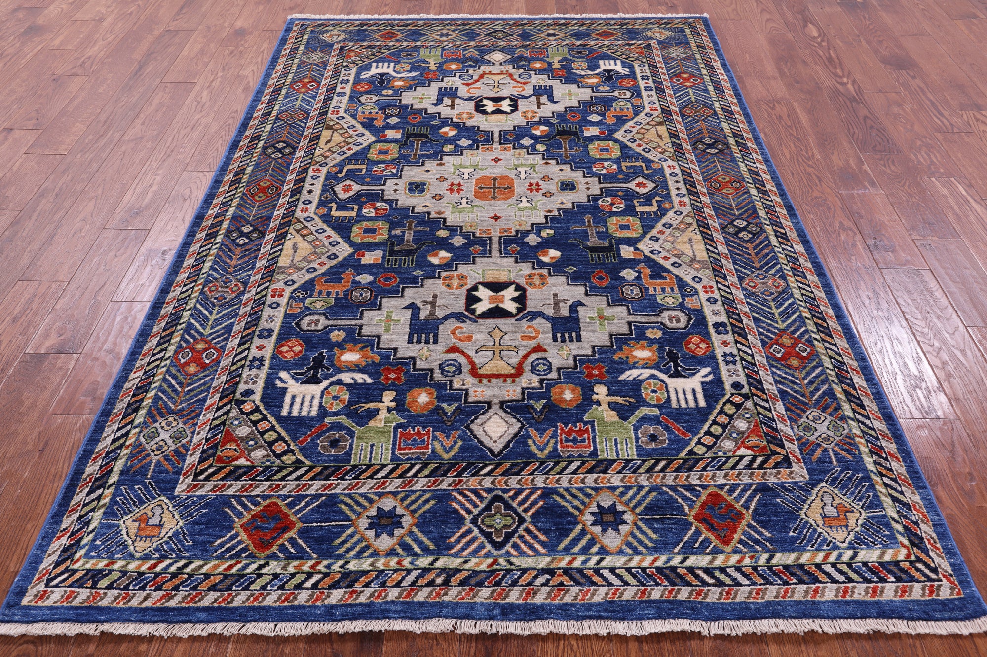 Blue Persian Fine Serapi Hand Knotted Wool Rug - 5' 5" X 8' 0" - Golden Nile