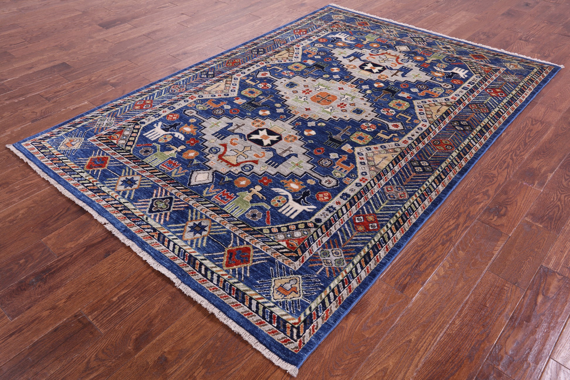 Blue Persian Fine Serapi Hand Knotted Wool Rug - 5' 5" X 8' 0" - Golden Nile