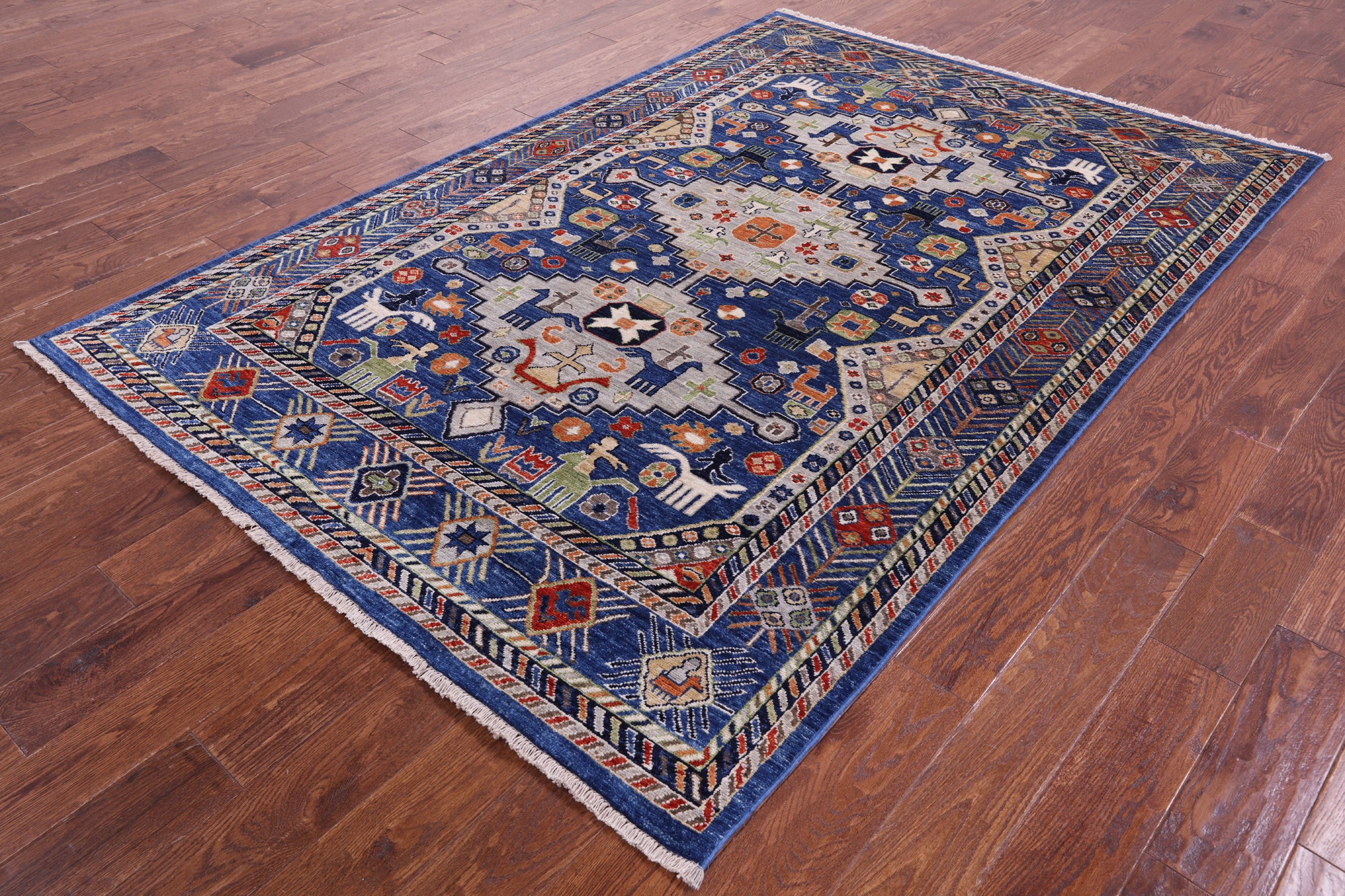 Blue Persian Fine Serapi Hand Knotted Wool Rug - 5' 5" X 8' 0" - Golden Nile