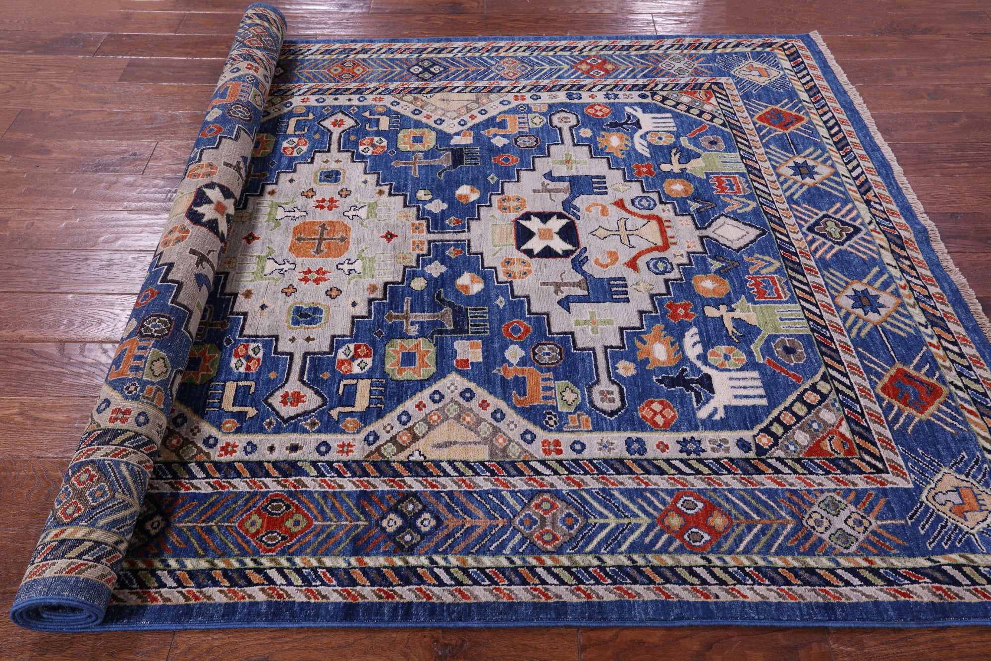 Blue Persian Fine Serapi Hand Knotted Wool Rug - 5' 5" X 8' 0" - Golden Nile