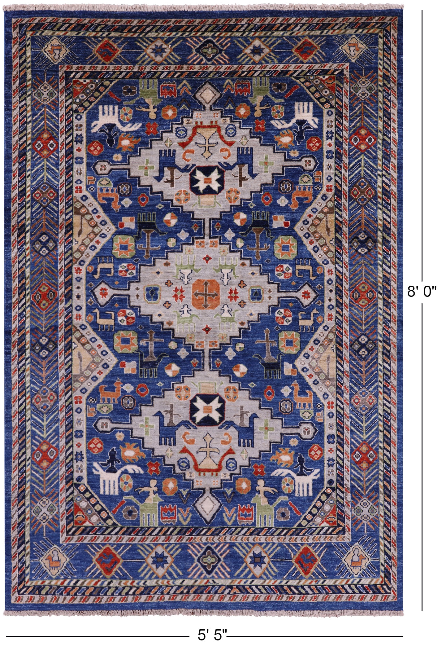 Blue Persian Fine Serapi Hand Knotted Wool Rug - 5' 5" X 8' 0" - Golden Nile