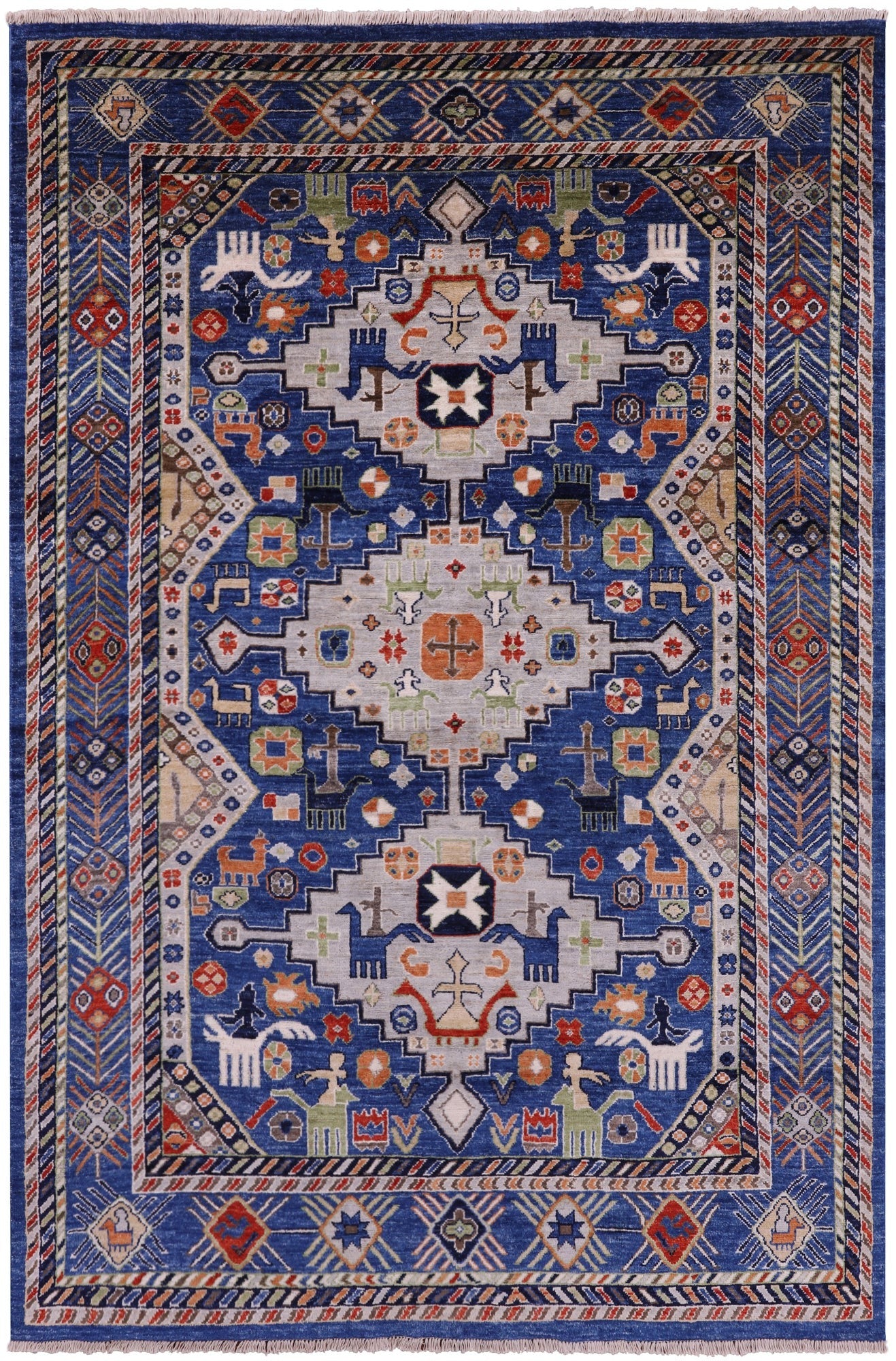 Blue Persian Fine Serapi Hand Knotted Wool Rug - 5' 5" X 8' 0" - Golden Nile