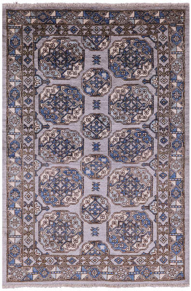Grey Turkmen Ersari Handmade Wool Rug - 4' 1" X 5' 10" - Golden Nile