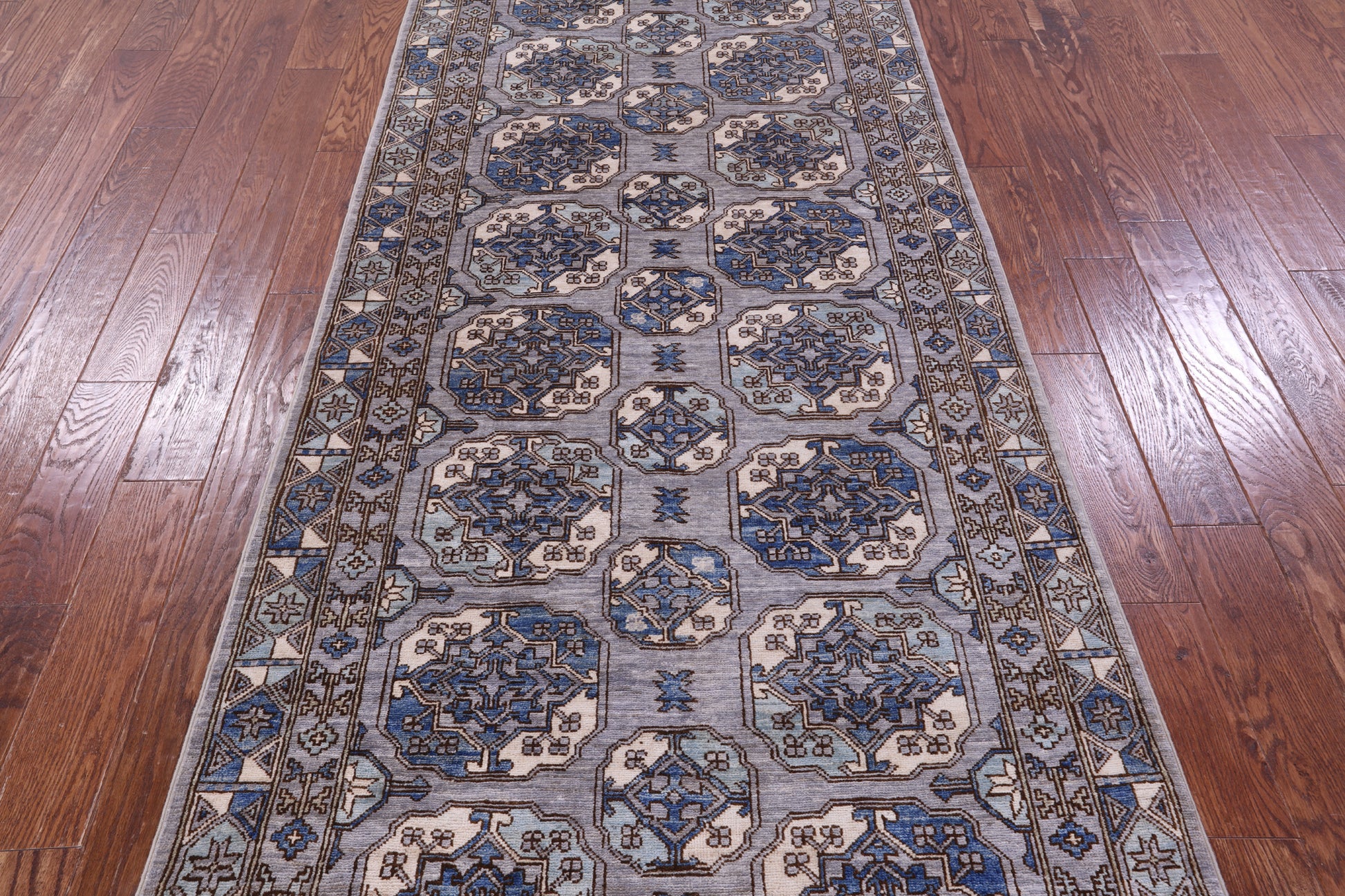 Grey Turkmen Ersari Hand Knotted Wool Runner Rug - 3' 10" X 12' 1" - Golden Nile