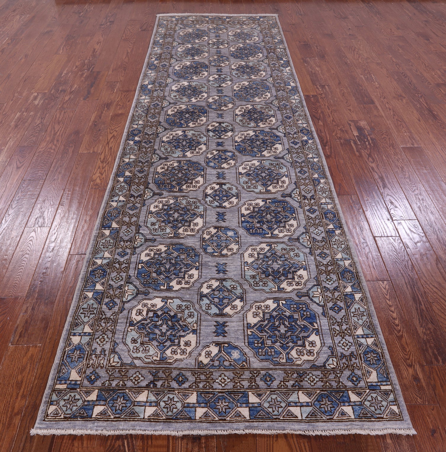Grey Turkmen Ersari Hand Knotted Wool Runner Rug - 3' 10" X 12' 1" - Golden Nile