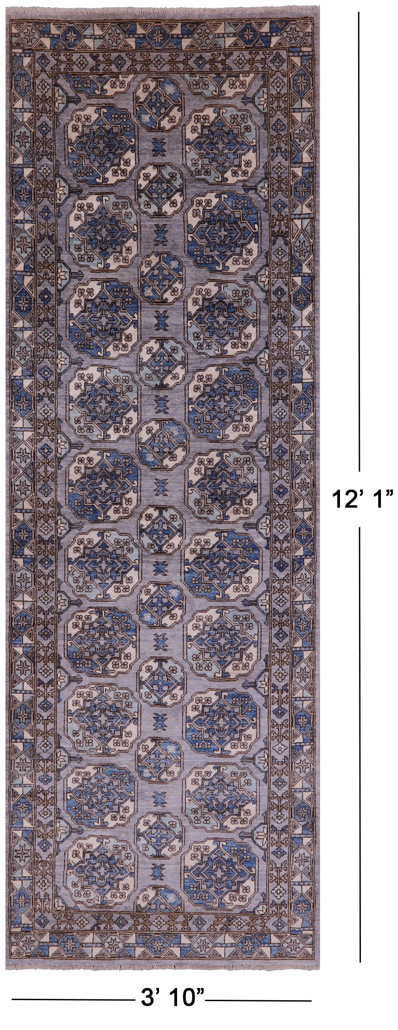 Grey Turkmen Ersari Hand Knotted Wool Runner Rug - 3' 10" X 12' 1" - Golden Nile