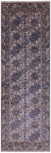 Grey Turkmen Ersari Hand Knotted Wool Runner Rug - 3' 10" X 12' 1" - Golden Nile