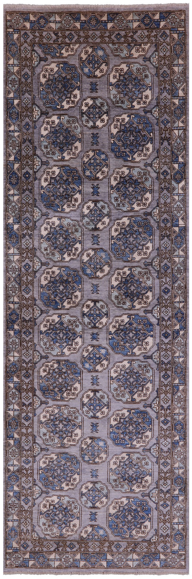Grey Turkmen Ersari Hand Knotted Wool Runner Rug - 3' 10" X 12' 1" - Golden Nile