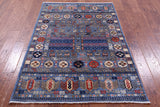 Blue Turkmen Ersari Hand Knotted Wool Rug - 4' 0" X 5' 10" - Golden Nile