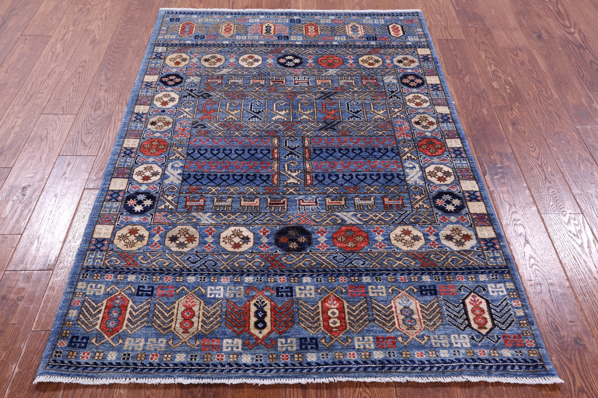 Blue Turkmen Ersari Hand Knotted Wool Rug - 4' 0" X 5' 10" - Golden Nile
