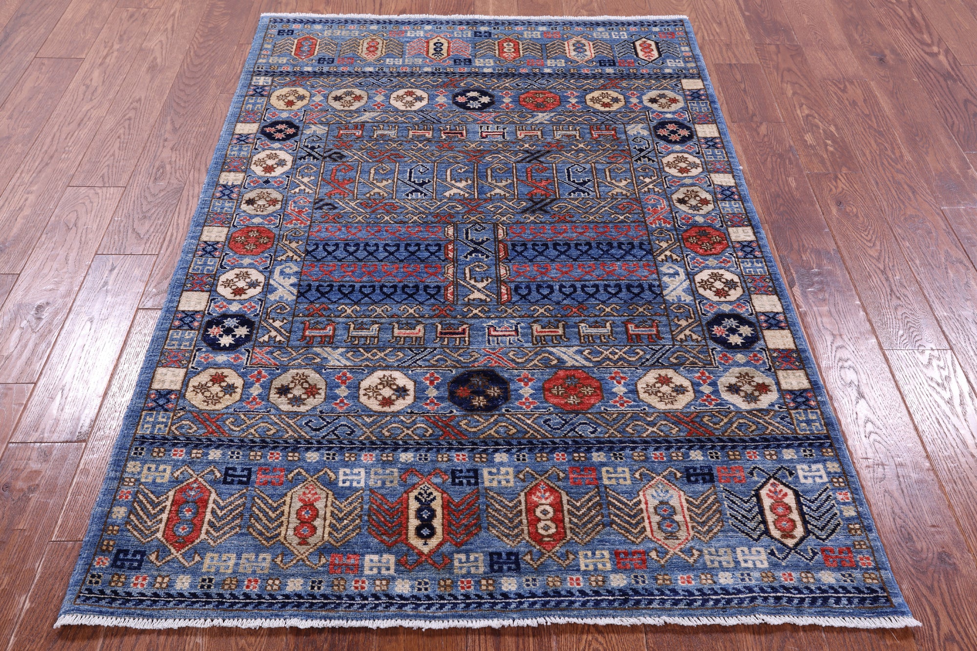 Blue Turkmen Ersari Hand Knotted Wool Rug - 4' 0" X 5' 10" - Golden Nile