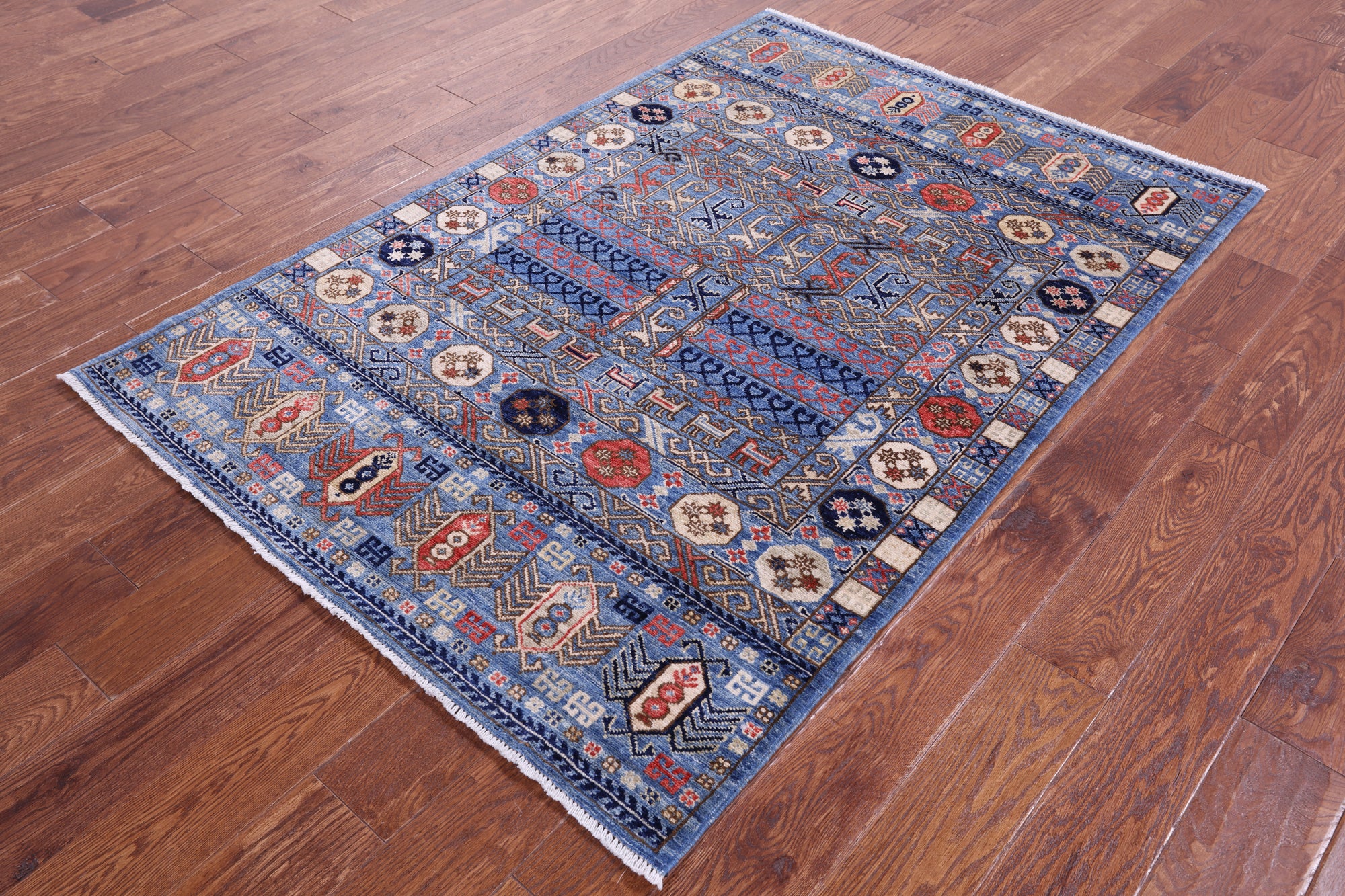 Blue Turkmen Ersari Hand Knotted Wool Rug - 4' 0" X 5' 10" - Golden Nile