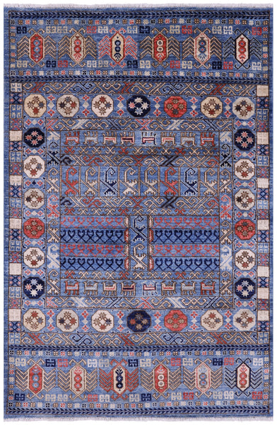 Blue Turkmen Ersari Hand Knotted Wool Rug - 4' 0" X 5' 10" - Golden Nile