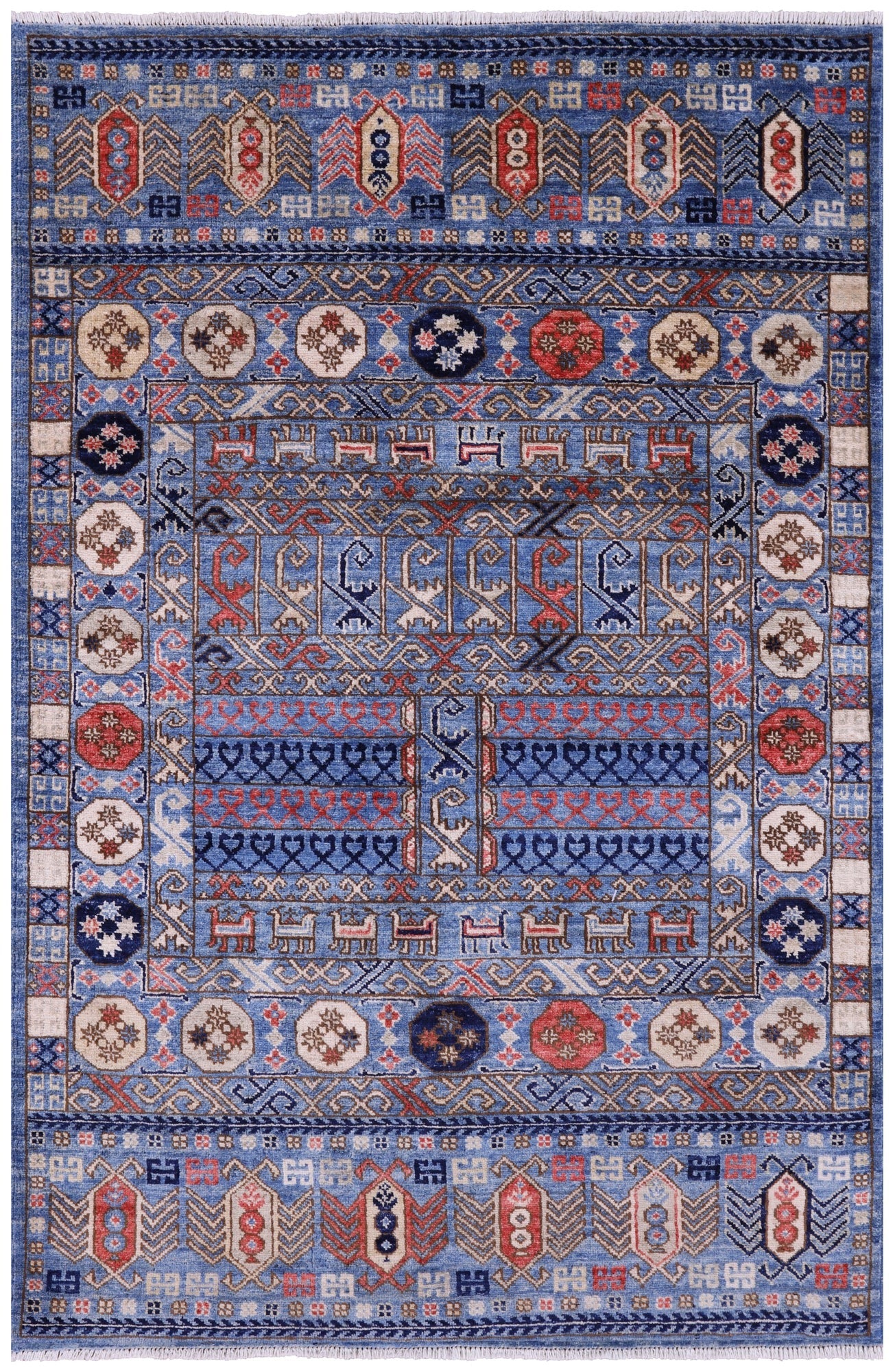 Blue Turkmen Ersari Hand Knotted Wool Rug - 4' 0" X 5' 10" - Golden Nile