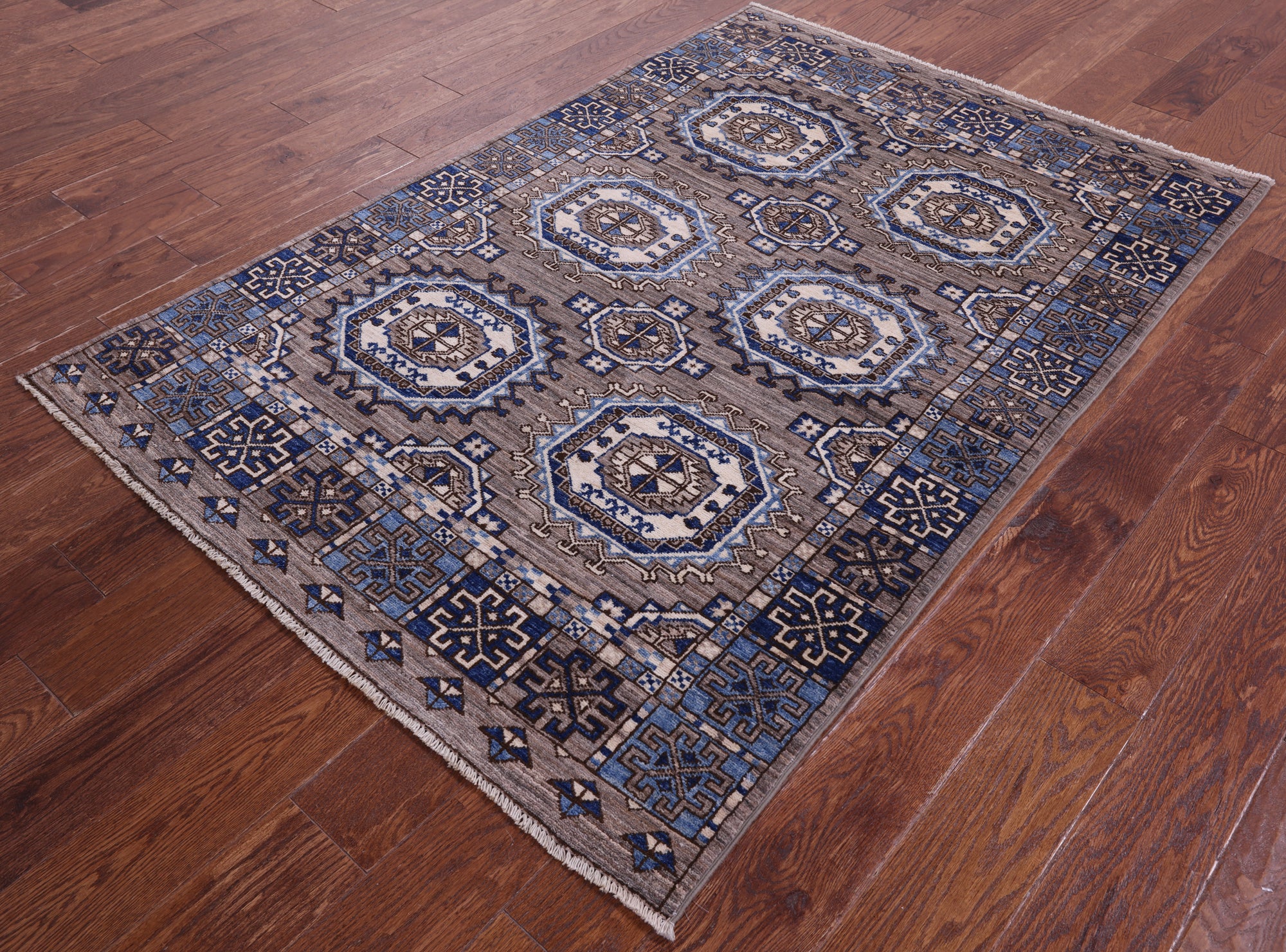 Grey Turkmen Ersari Hand Knotted Wool Rug - 3' 11" X 5' 10" - Golden Nile