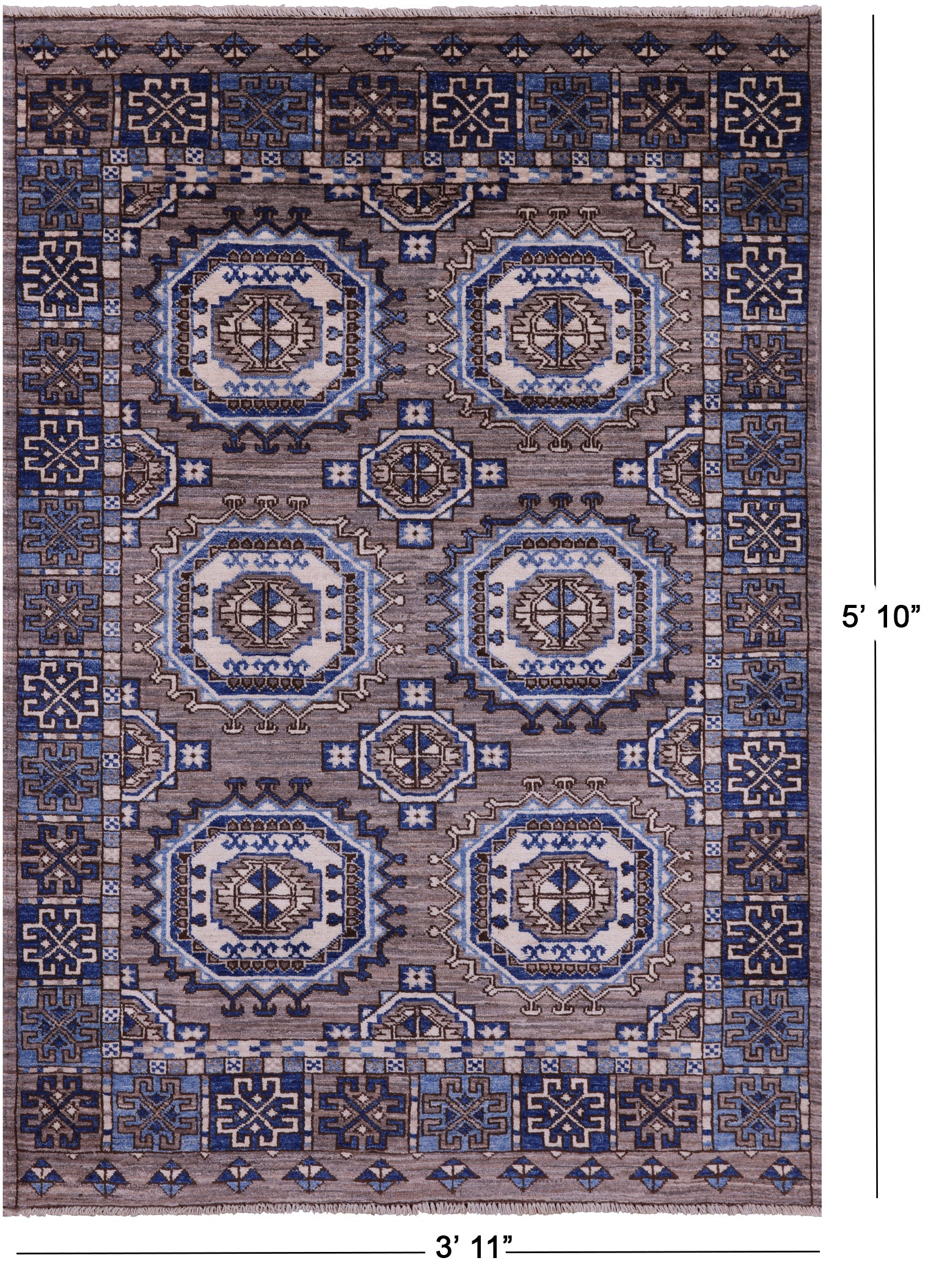 Grey Turkmen Ersari Hand Knotted Wool Rug - 3' 11" X 5' 10" - Golden Nile