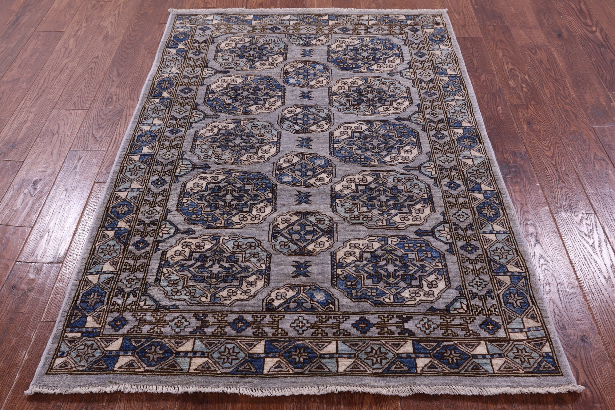 Grey Turkmen Ersari Hand Knotted Wool Rug - 4' 1" X 5' 11" - Golden Nile