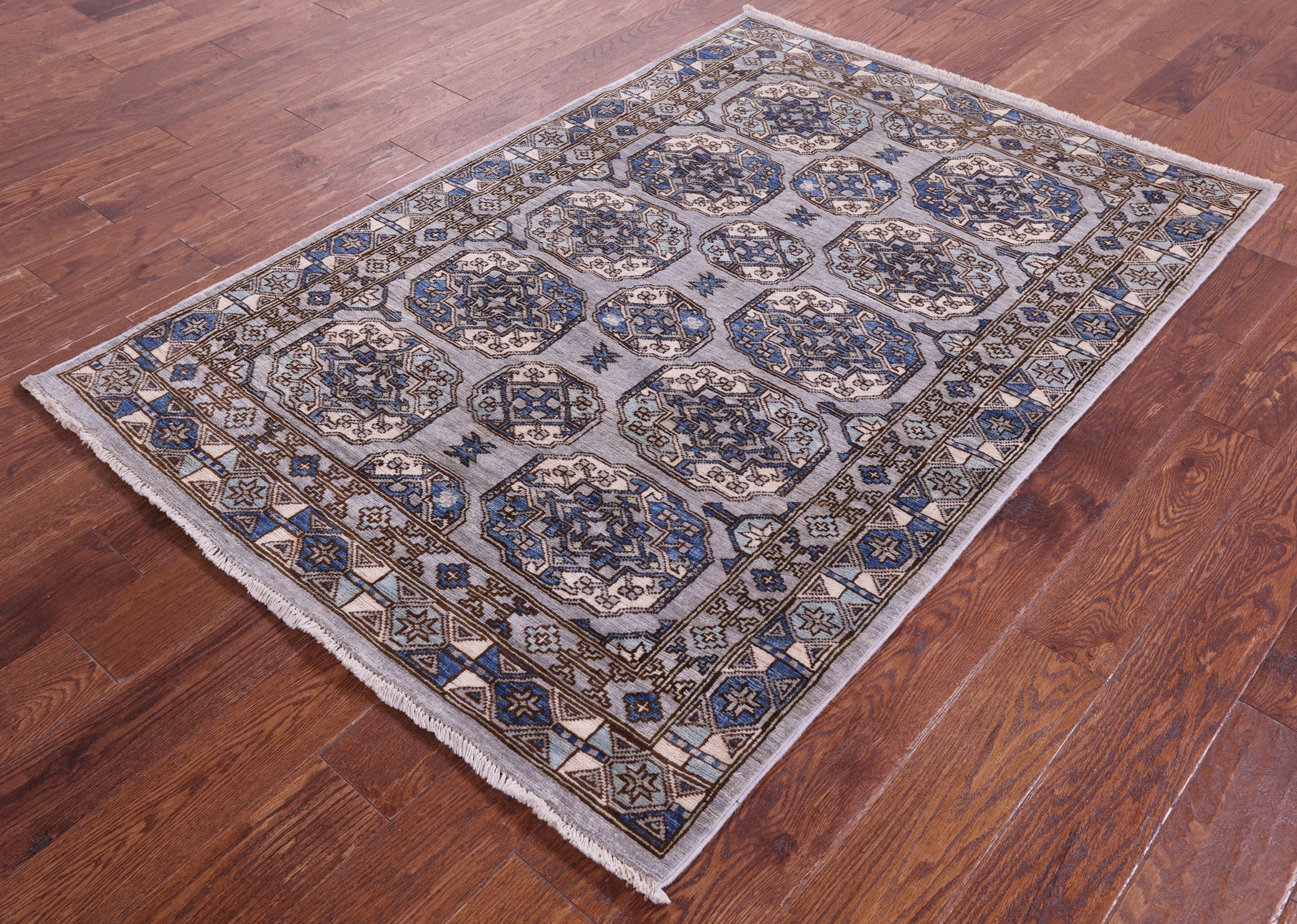 Grey Turkmen Ersari Hand Knotted Wool Rug - 4' 1" X 5' 11" - Golden Nile