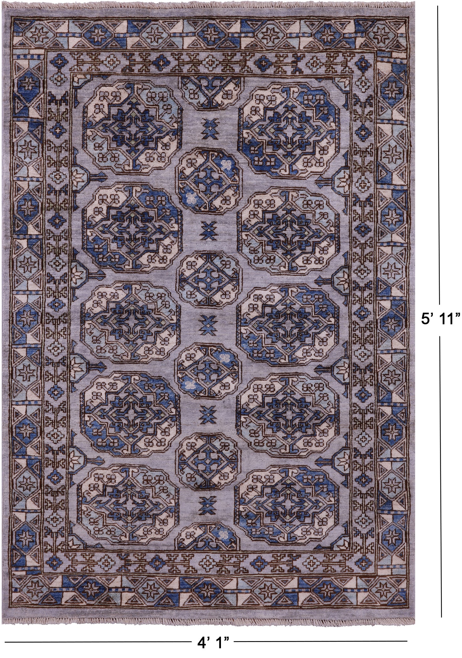 Grey Turkmen Ersari Hand Knotted Wool Rug - 4' 1" X 5' 11" - Golden Nile