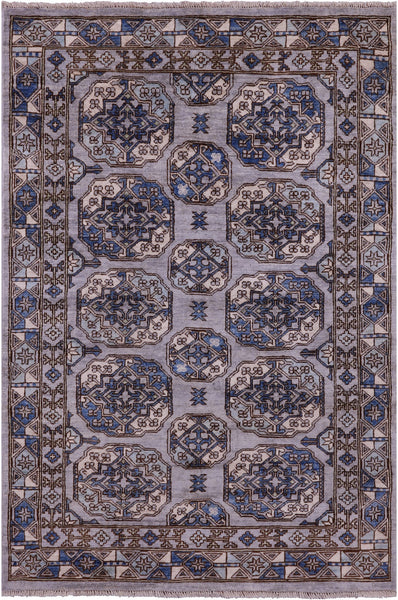 Grey Turkmen Ersari Hand Knotted Wool Rug - 4' 1" X 5' 11" - Golden Nile