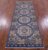 Blue Turkmen Ersari Hand Knotted Wool Runner Rug - 3' 1" X 8' 2" - Golden Nile