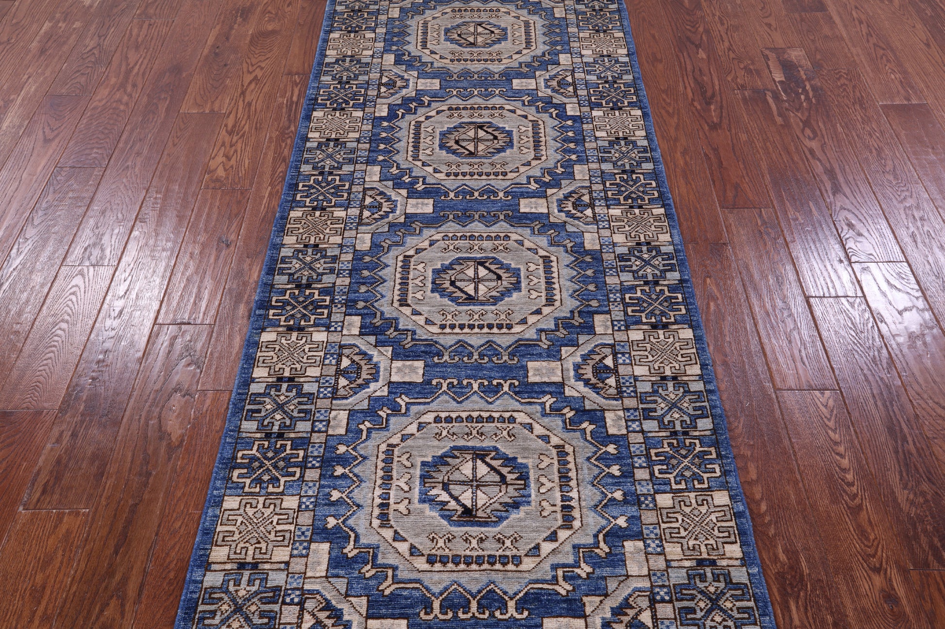 Blue Turkmen Ersari Hand Knotted Wool Runner Rug - 3' 1" X 8' 2" - Golden Nile